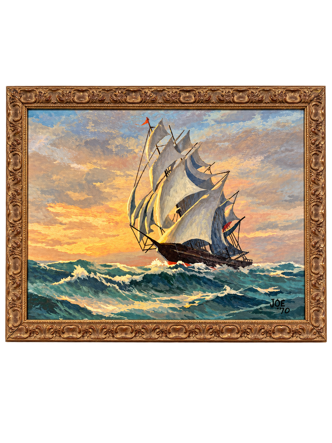 Vintage Original- 1970 Clipper Ship Oil Painting in Ornate Frame