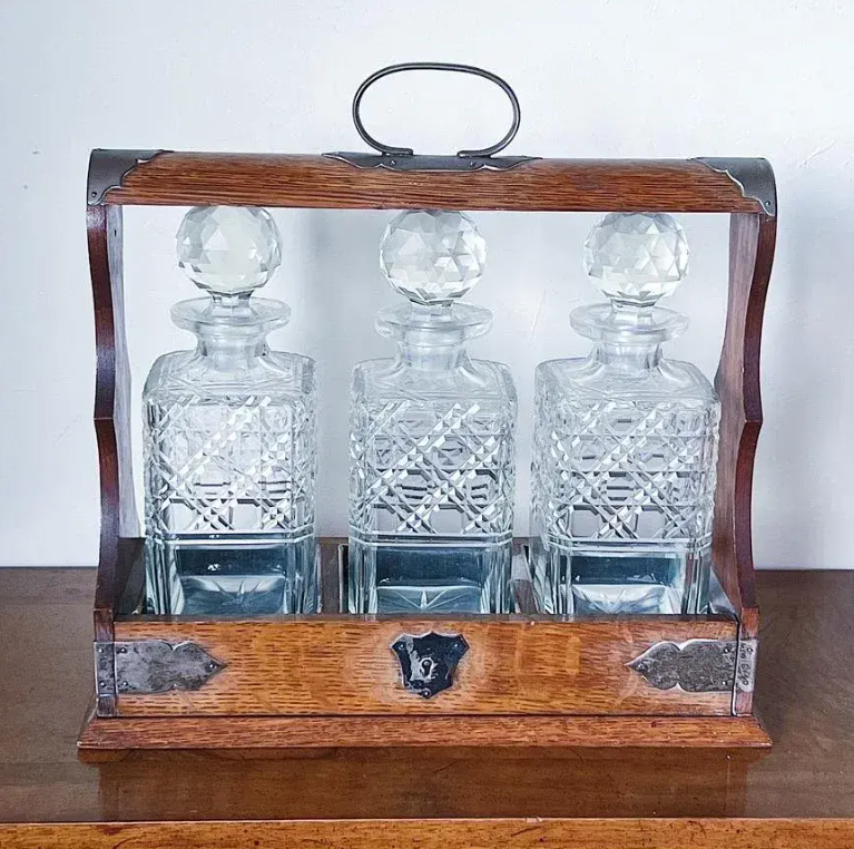 Antique Oak and Brass Three-Decanter Tantalus
