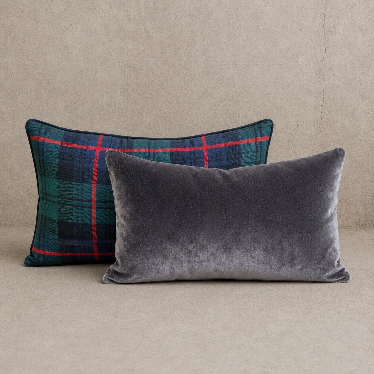 Locharron Highland Tartan & Slate Blue Velvet Lumbar Pillow
