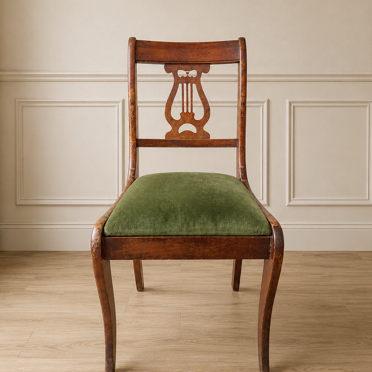 Vintage Lyre-Back Green Velvet Side Chair