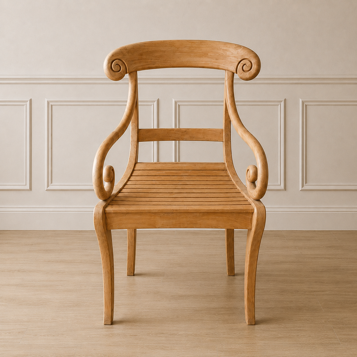 Vintage Scroll Arm Slatted Light Wood Armchair