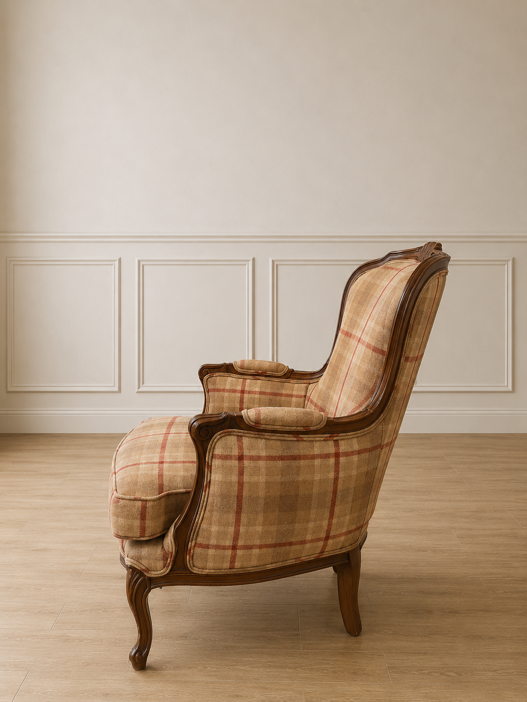 Vintage French Style Plaid Bergère Chair (Pair Available)