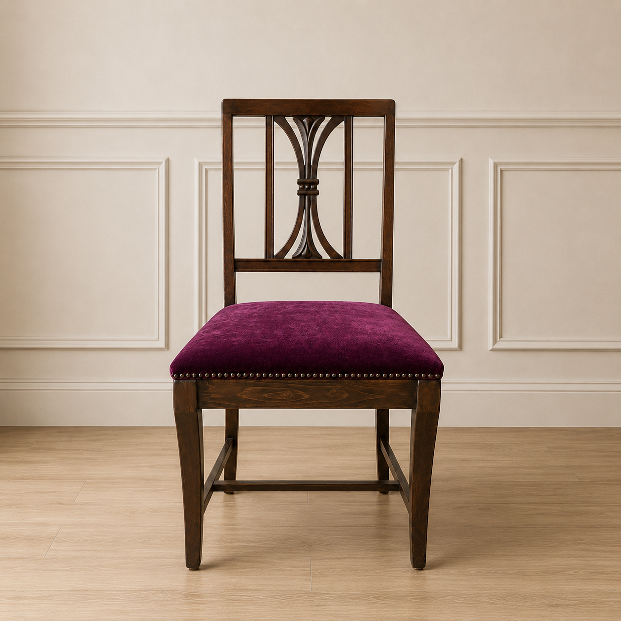 Vintage Burgundy Velvet Pierced-Back Dining Chair