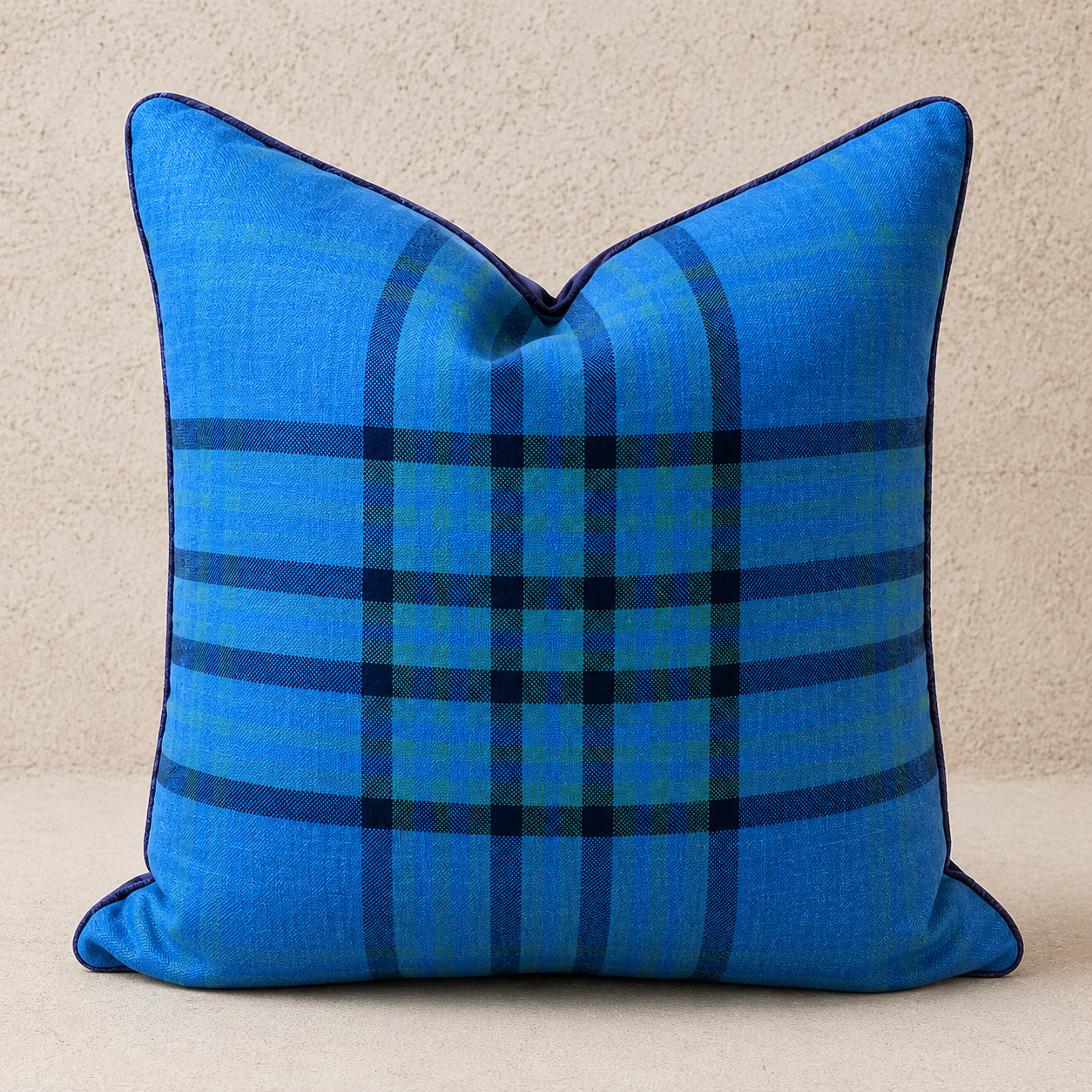 Blue & Black, Grey Velvet Backed Tartan Pillow, Medium