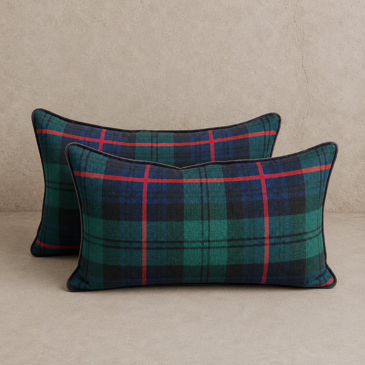 Locharron Highland Tartan & Slate Blue Velvet Lumbar Pillow