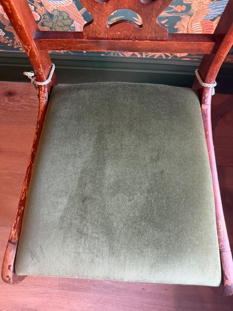 Vintage Lyre-Back Green Velvet Side Chair