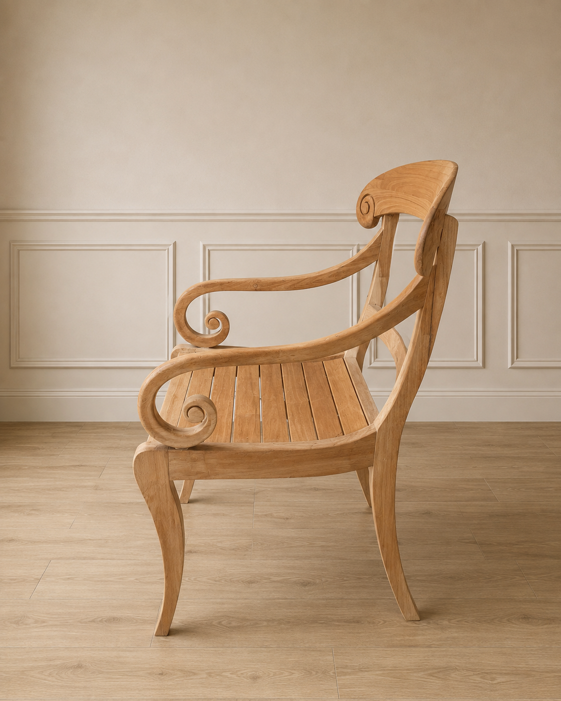 Vintage Scroll Arm Slatted Light Wood Armchair