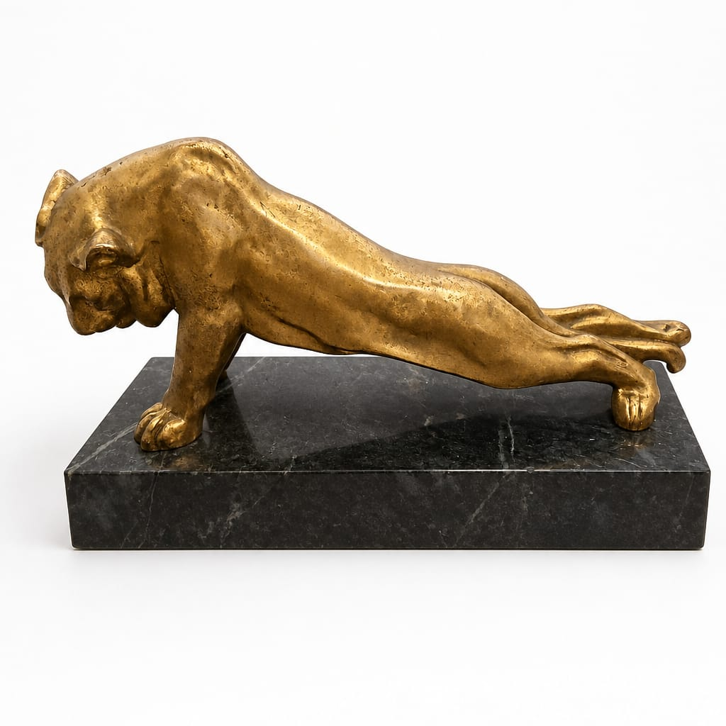 Vintage Gilt Metal Panther Sculpture on Marble Base